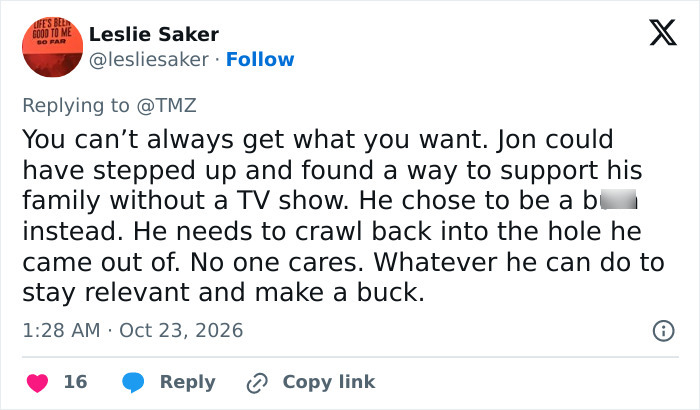 A social media post discussing Jon Gosselin and his family situation. A social media post discussing Jon Gosselin and his family situation.
