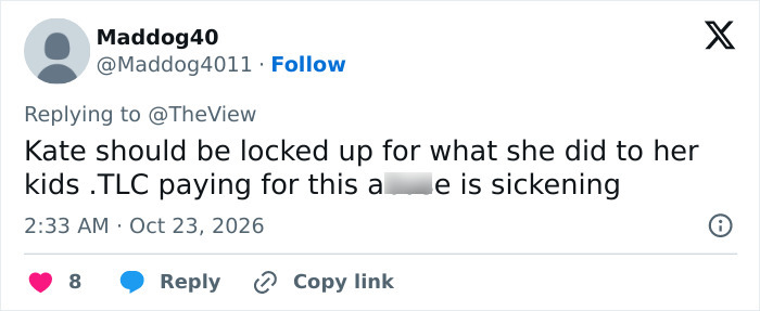 Screenshot of a tweet discussing Kate Gosselin and her kids following accusations from son Collin Screenshot of a tweet discussing Kate Gosselin and her kids following accusations from son Collin
