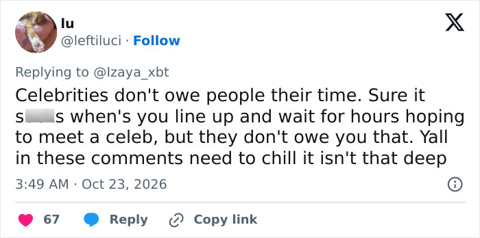 A user tweet about Jenna Ortega interacting with fans and how celebrities handle public interactions. A user tweet about Jenna Ortega interacting with fans and how celebrities handle public interactions.