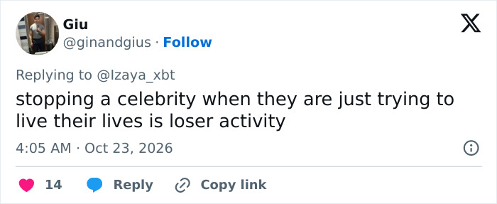 A social media post discussing Jenna Ortega interacting with fans and stopping celebrities in public. A social media post discussing Jenna Ortega interacting with fans and stopping celebrities in public.