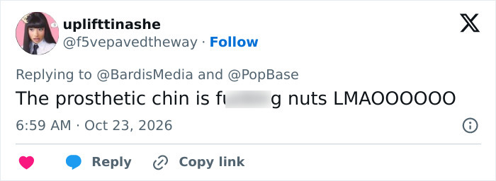 A social media comment discussing Natalie Nunn prosthetic chin for a Halloween costume.