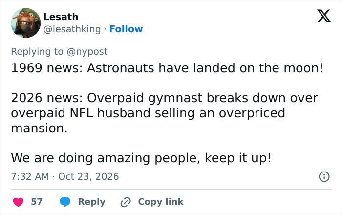 Online user tweet commenting on news about Simone Biles and Jonathan Owens selling their house