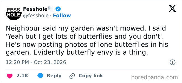 Anonymous confessions social media post about garden envy over butterflies between neighbors.