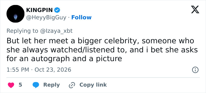 A fan comment speculating on how Jenna Ortega would react when meeting a bigger celebrity. A fan comment speculating on how Jenna Ortega would react when meeting a bigger celebrity.