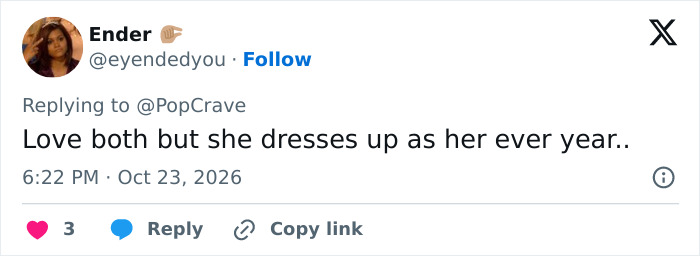 A social media comment addressing Paris Hilton's photoshoot and recurring costume themes.