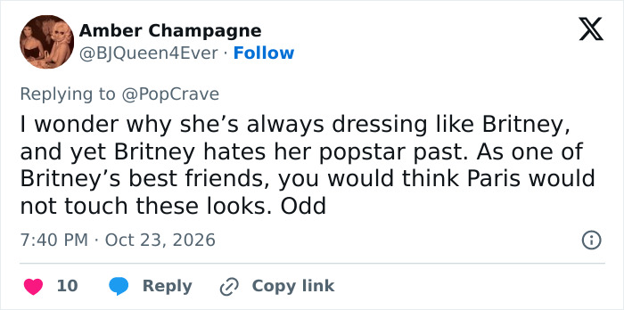 A social media comment discussing Paris Hilton's choice to recreate iconic Britney Spears outfits.