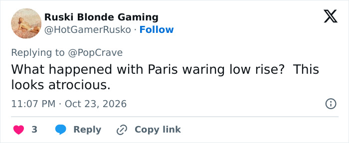 Social media comment criticizing Paris Hilton's low-rise outfit choice in a recent photoshoot.