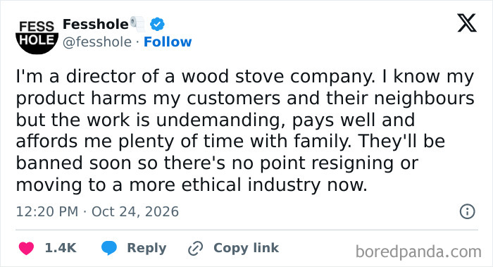 Anonymous confessions tweet from a wood stove company director about ethical dilemmas.