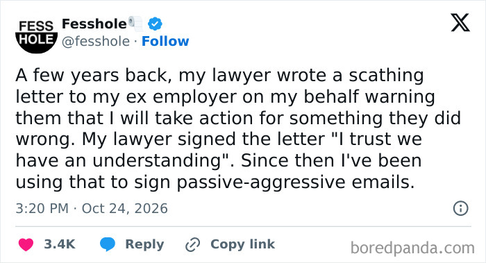 Anonymous confessions tweet about adopting a passive-aggressive email sign-off.