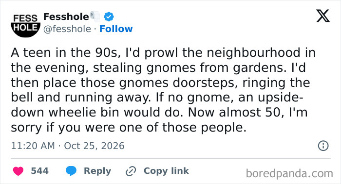 Anonymous confessions post reflecting on teenage neighborhood pranks involving garden gnomes.