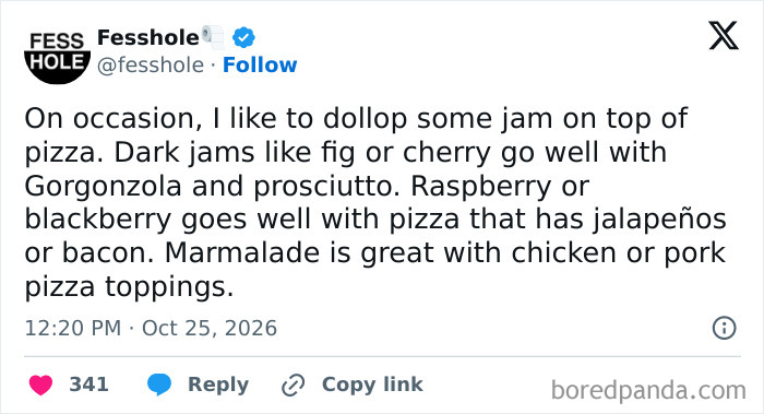 Anonymous confessions post sharing unusual food combinations like putting jam on pizza.