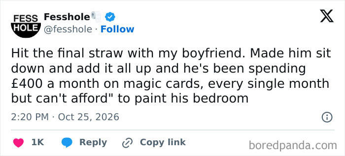 Social media post showing anonymous confessions about a boyfriend spending money on magic cards instead of paint.