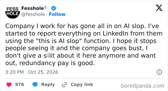 Social media text with anonymous confessions about reporting company AI slop on LinkedIn for redundancy pay.