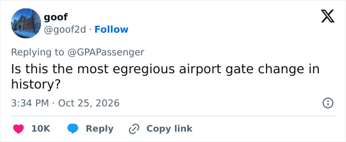Social media post asking if this is the most egregious airport gate change in history.