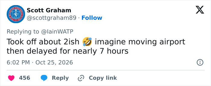 A post reacting to a flight delay after a major airport gate change notice.