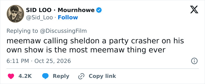 A social media post discussing Jim Parsons and Meemaw in Young Sheldon. A social media post discussing Jim Parsons and Meemaw in Young Sheldon.