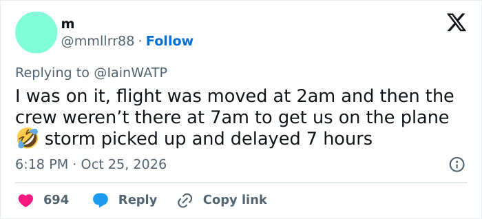 A social media post recounting a flight moved to 2 am causing a major flight delay.