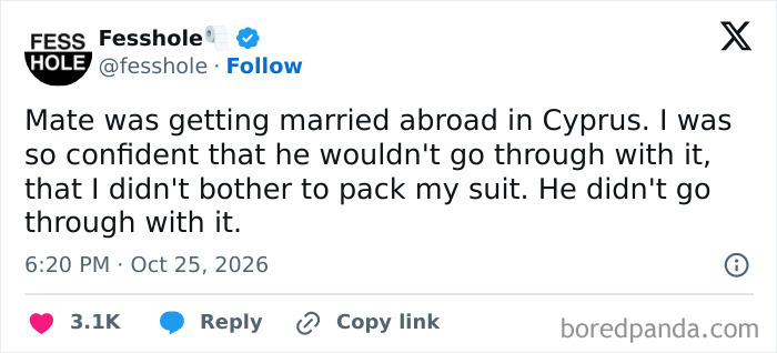Social media post displaying anonymous confessions about not packing a suit for a destination wedding in Cyprus.
