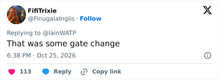 A tweet pointing out the absurdity of an extreme airline airport gate change.