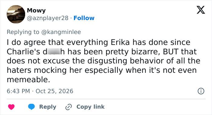 Social media post commenting on the backlash surrounding the Erika Kirk Halloween costume controversy.