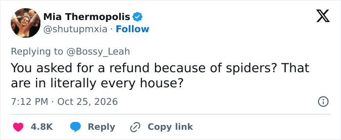 Social media reaction questioning a guest asking for a refund after finding spiders in an Airbnb rental.