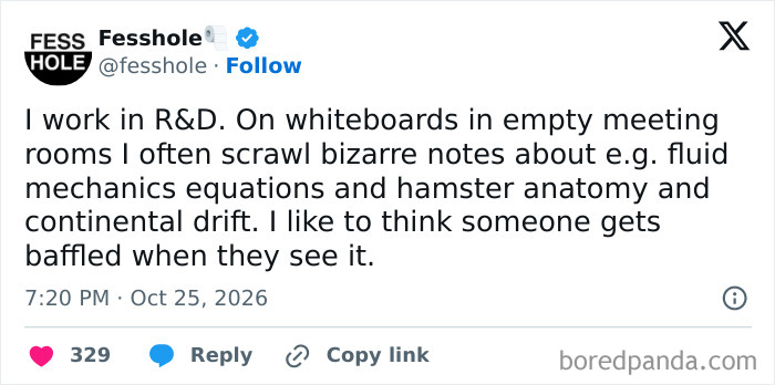 Post showing anonymous confessions about writing bizarre equations and notes on office whiteboards.