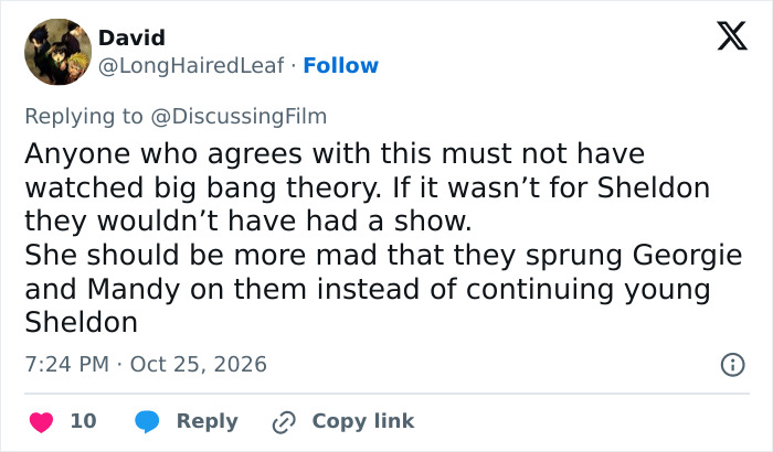 A fan post debating Jim Parsons role and spinoffs of Young Sheldon. A fan post debating Jim Parsons role and spinoffs of Young Sheldon.