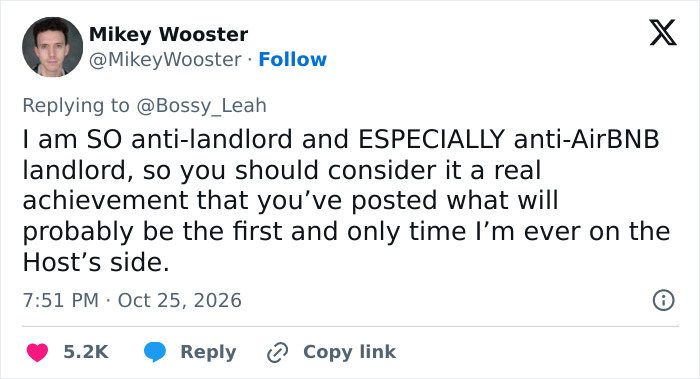 A social media post from Mikey Wooster defending an Airbnb Host after a tenant complained about finding spiders.