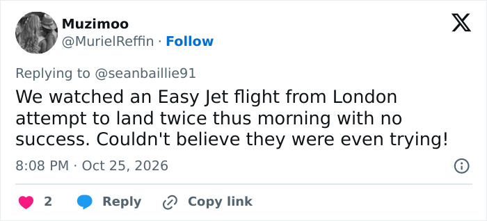 Social media comment about planes attempting to land during an airport gate change disruption.