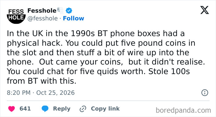 Anonymous confessions post about stealing from BT phone boxes using a physical coin wire hack in the 1990s.