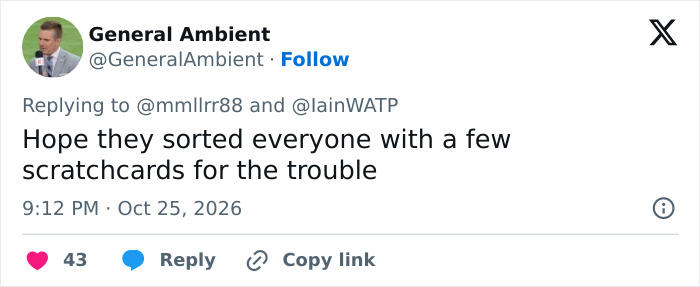 A social media comment joking about airline compensation after an extreme airport gate change.