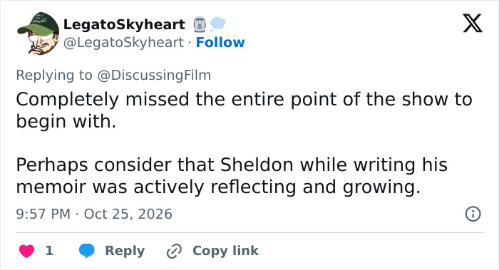 An online comment analyzing Sheldon’s character growth during his memoir writing after Jim Parsons’ return. An online comment analyzing Sheldon’s character growth during his memoir writing after Jim Parsons’ return.