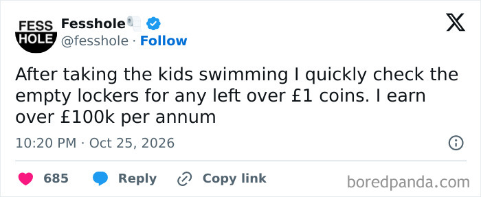 Anonymous confessions tweet about searching pool lockers for left coins despite earning over 100k.