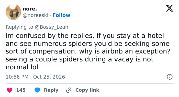 A user on social media defending a guest who complained to an Airbnb host after finding spiders in a rental.
