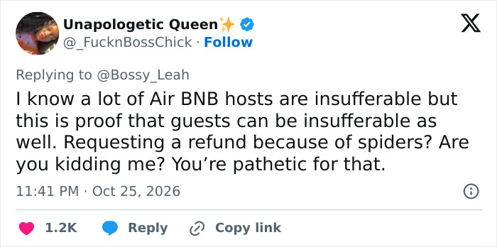 Social media post criticizing a guest after finding spiders in her Airbnb rental.