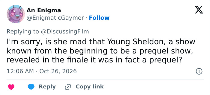 X post commenting on the Young Sheldon prequel nature regarding Jim Parsons Sheldon return. X post commenting on the Young Sheldon prequel nature regarding Jim Parsons Sheldon return.