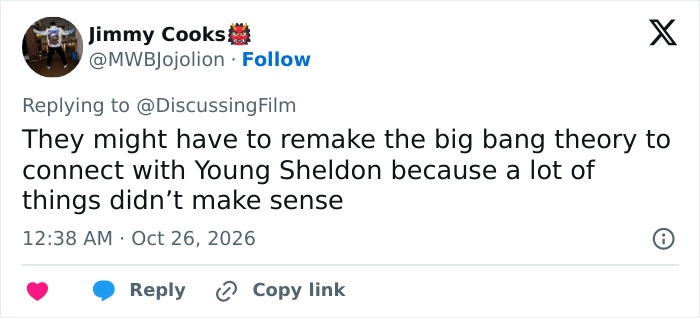 A user tweet reacting to Jim Parsons and the continuity of Young Sheldon. A user tweet reacting to Jim Parsons and the continuity of Young Sheldon.