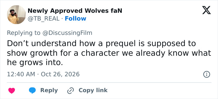 A social media reply about character development in the prequel starring Jim Parsons. A social media reply about character development in the prequel starring Jim Parsons.