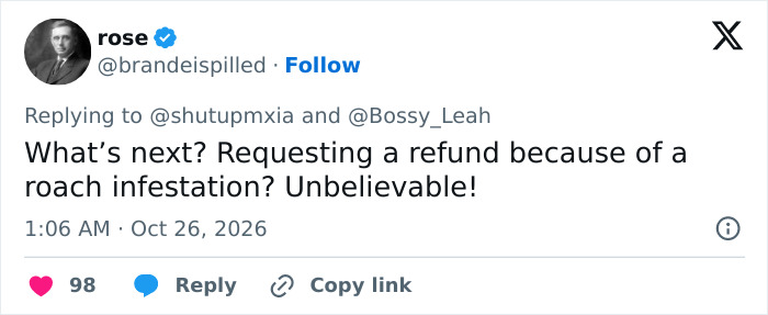 A social media comment criticizing a guest who wants a refund from an Airbnb host over spiders.