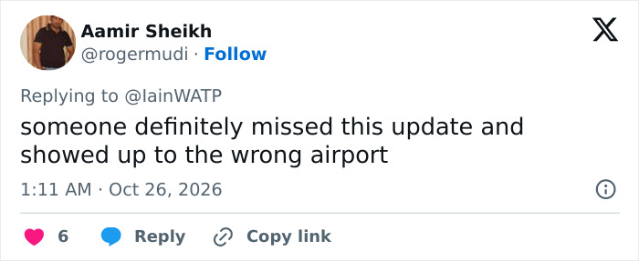 A comment about a passenger potentially missing a flight due to an sudden airport gate change.