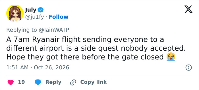 A post comparing a sudden Ryanair airport gate change to an unwanted side quest.