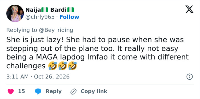 Online tweet commenting on Nicki Minaj's unusual walk and appearance connected to a Trump rally. Online tweet commenting on Nicki Minaj's unusual walk and appearance connected to a Trump rally.