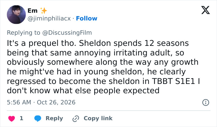 A tweet explaining character development and continuity for Jim Parsons in the Young Sheldon prequel. A tweet explaining character development and continuity for Jim Parsons in the Young Sheldon prequel.