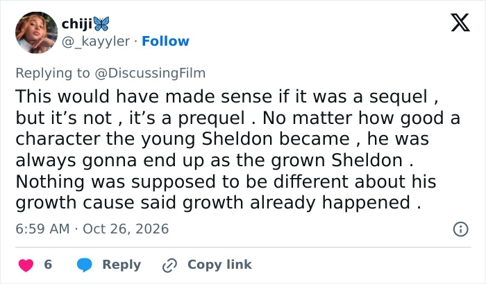 A fan tweet detailing how the prequel timeline affects character progression for Jim Parsons as Sheldon. A fan tweet detailing how the prequel timeline affects character progression for Jim Parsons as Sheldon.