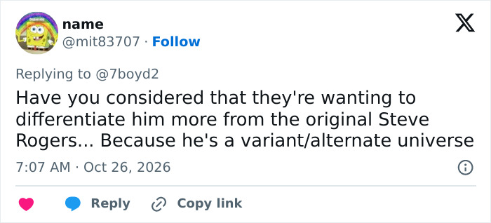 A tweet by user name offering a theory on Chris Evans edited appearance as a character variant. A tweet by user name offering a theory on Chris Evans edited appearance as a character variant.