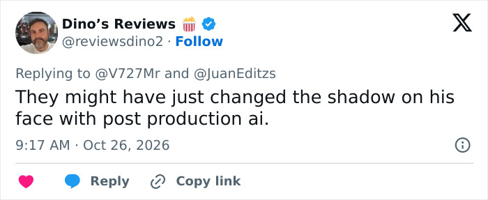 Social media post discussing post-production AI edits to Chris Evans' facial appearance in a new promo. Social media post discussing post-production AI edits to Chris Evans' facial appearance in a new promo.