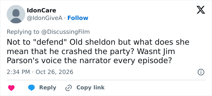 A social media post discussing Jim Parsons and Young Sheldon narration in response to backlash online. A social media post discussing Jim Parsons and Young Sheldon narration in response to backlash online.