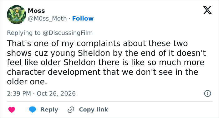 A social media comment discussing Sheldon character development in Young Sheldon. A social media comment discussing Sheldon character development in Young Sheldon.