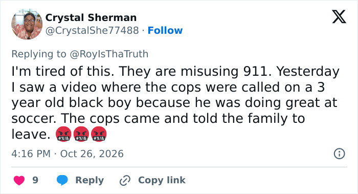 A tweet by Crystal Sherman about people misusing 911, referencing a Karen couple calls police incident. A tweet by Crystal Sherman about people misusing 911, referencing a Karen couple calls police incident.