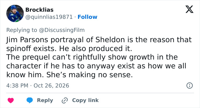 A social media comment defending Jim Parsons and his role in the Young Sheldon spinoff series. A social media comment defending Jim Parsons and his role in the Young Sheldon spinoff series.